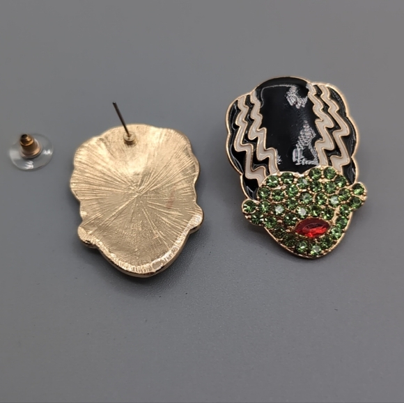 NWOT Bride of Frankenstein Earrings With Frankenstein Brooch Metallic Bejeweled - Picture 6 of 13